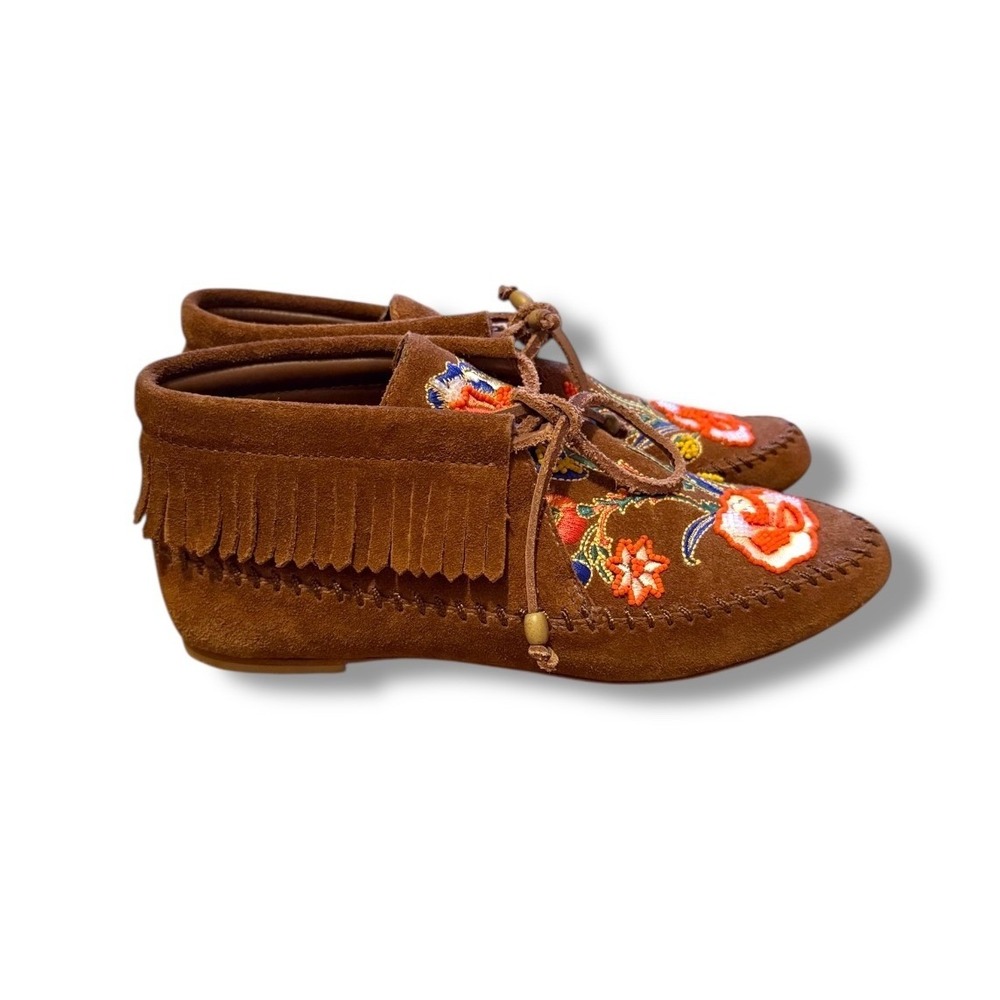 Tory Burch Huntington Moccasins Size 7 Brown Suede Embroidered Fringe Boho